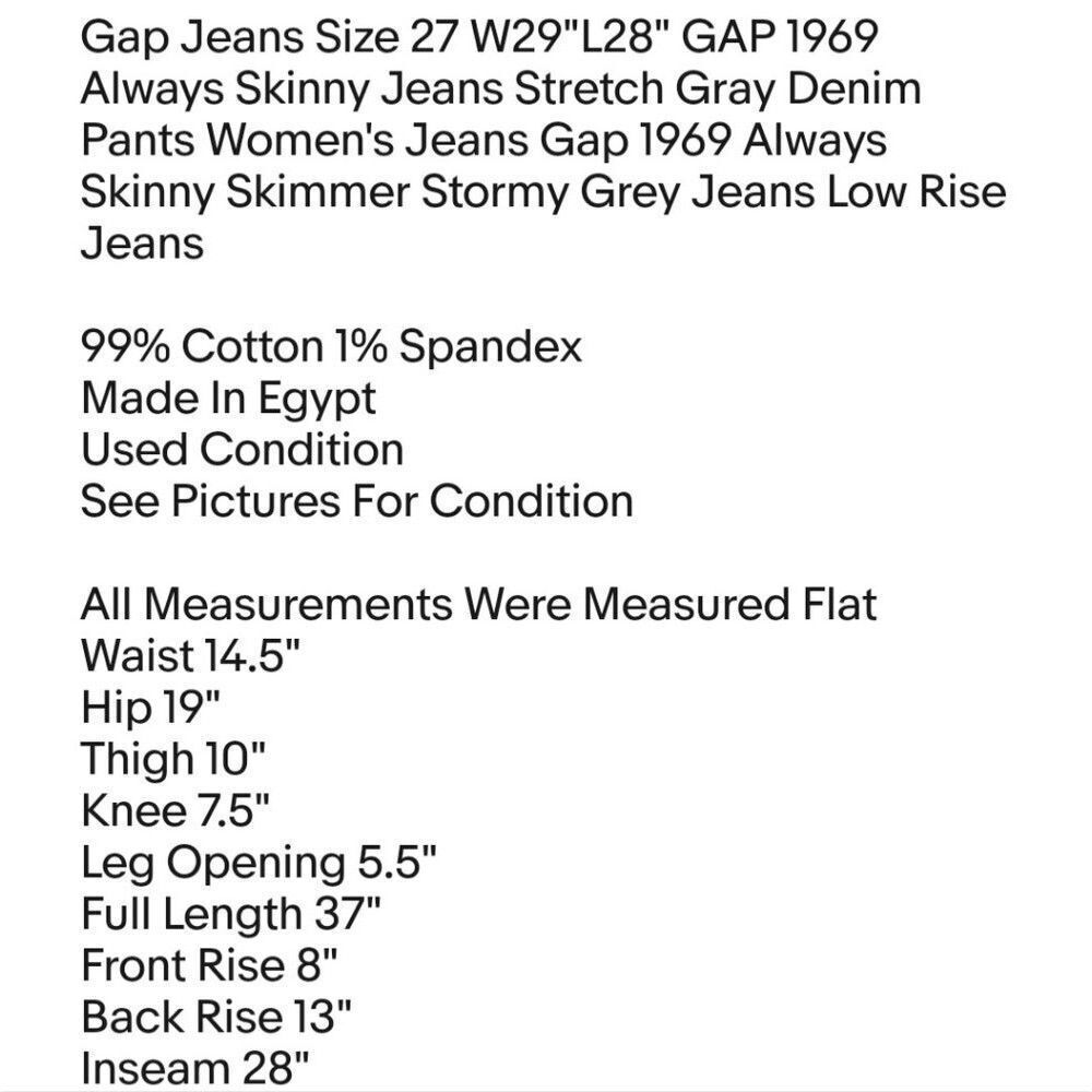 Gap Jeans Size 27 W29"L28" GAP 1969 Always Skinny Jeans Stretch Gray Denim Pants - Picture 2 of 6